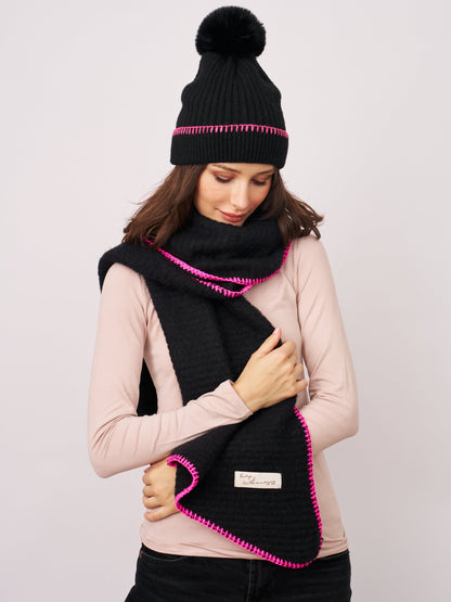 Black/B Pink Vintage Havana BLANKET STITCH KNIT SCARF - BLACK/B PINK