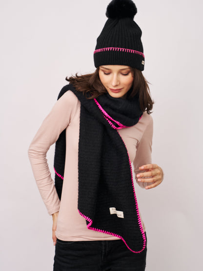 Black/B Pink Vintage Havana BLANKET STITCH KNIT SCARF - BLACK/B PINK