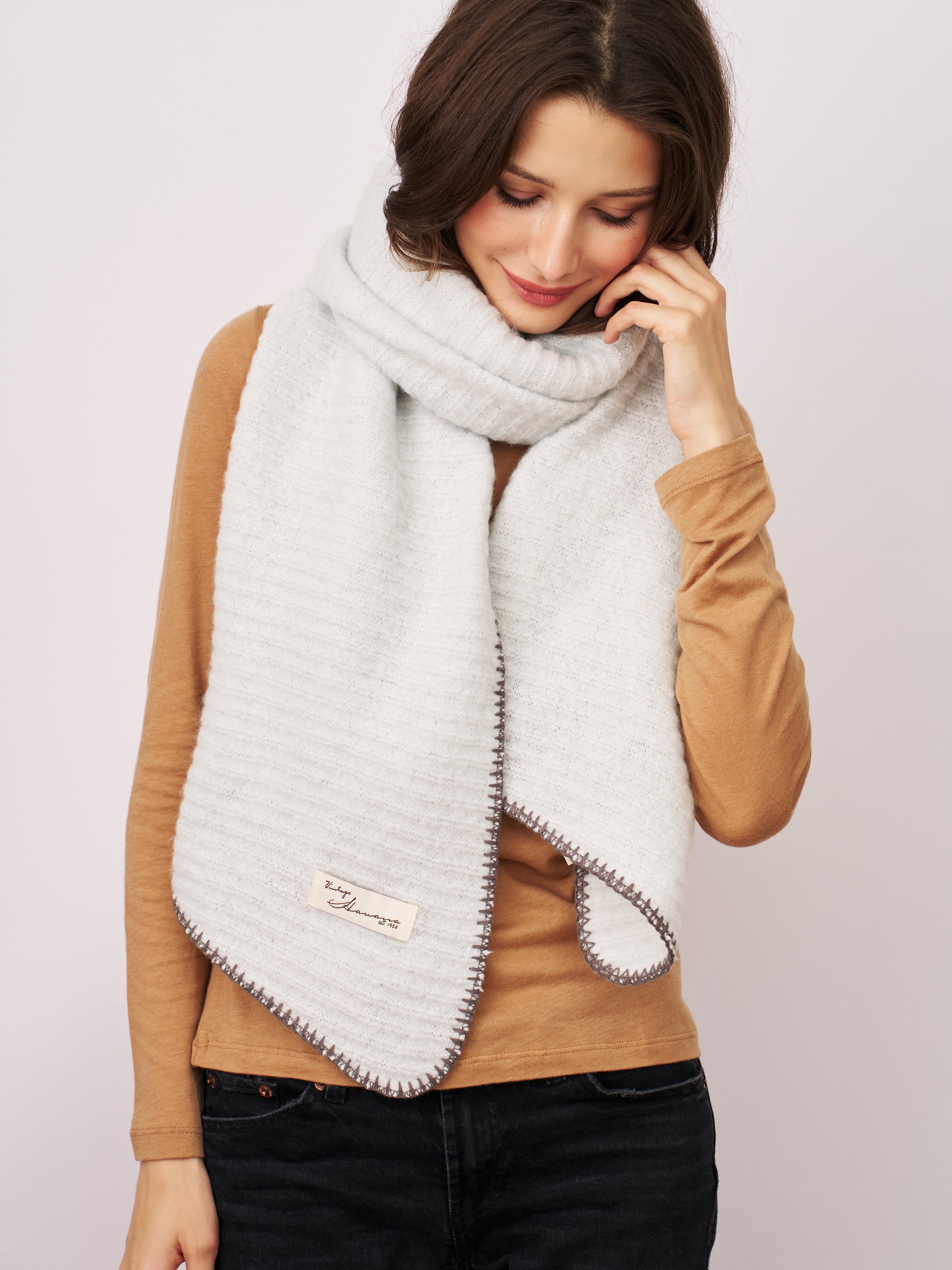 Grey/Charcoal Vintage Havana BLANKET STITCH KNIT SCARF - GREY/CHARCOAL