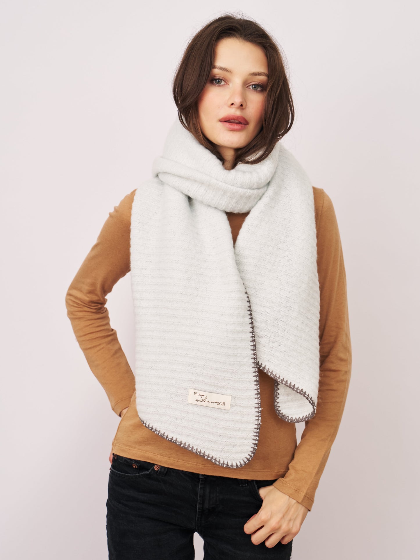 Grey/Charcoal Vintage Havana BLANKET STITCH KNIT SCARF - GREY/CHARCOAL