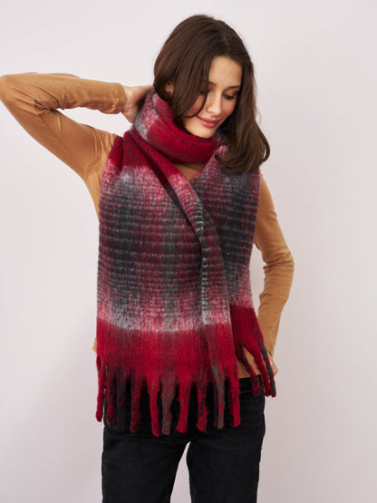 Red Vintage Havana CHECK CHUNKY TASSEL SCARF - RED