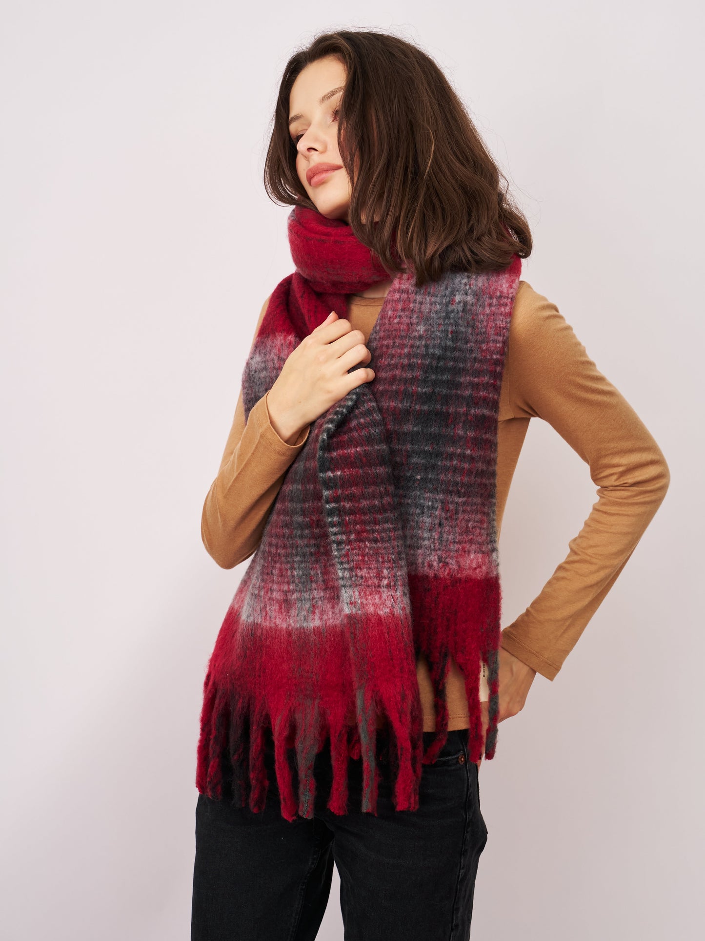Red Vintage Havana CHECK CHUNKY TASSEL SCARF - RED