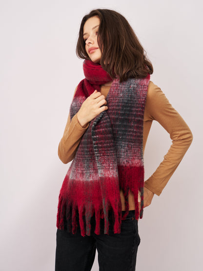 Red Vintage Havana CHECK CHUNKY TASSEL SCARF - RED