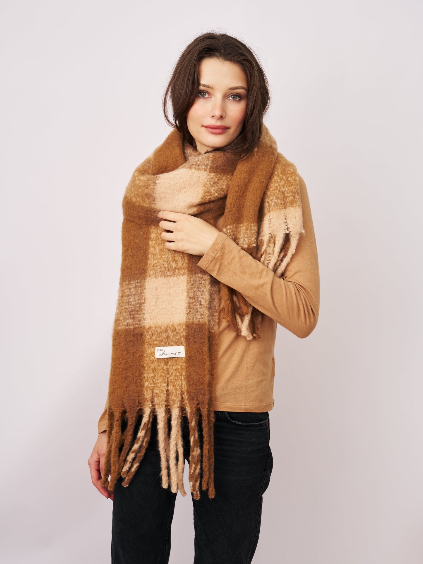 Tan Vintage Havana CHECK TASSEL SCARF - TAN