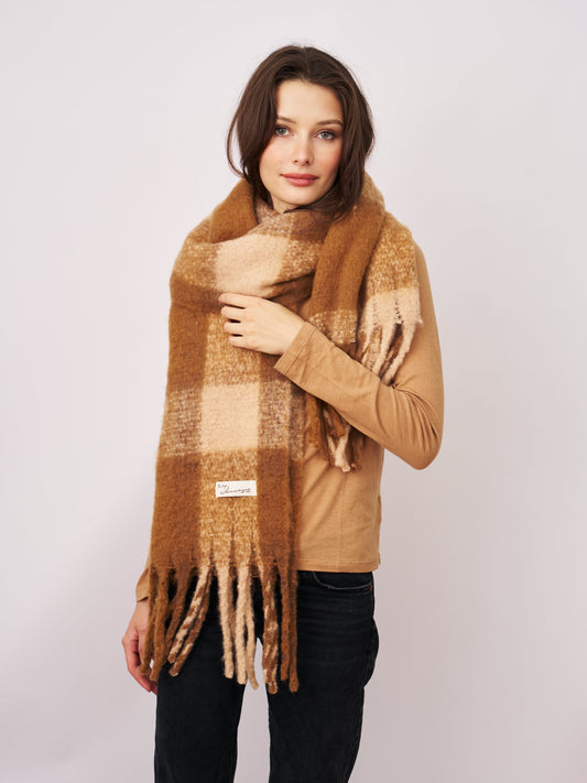 Tan Vintage Havana CHECK TASSEL SCARF - TAN