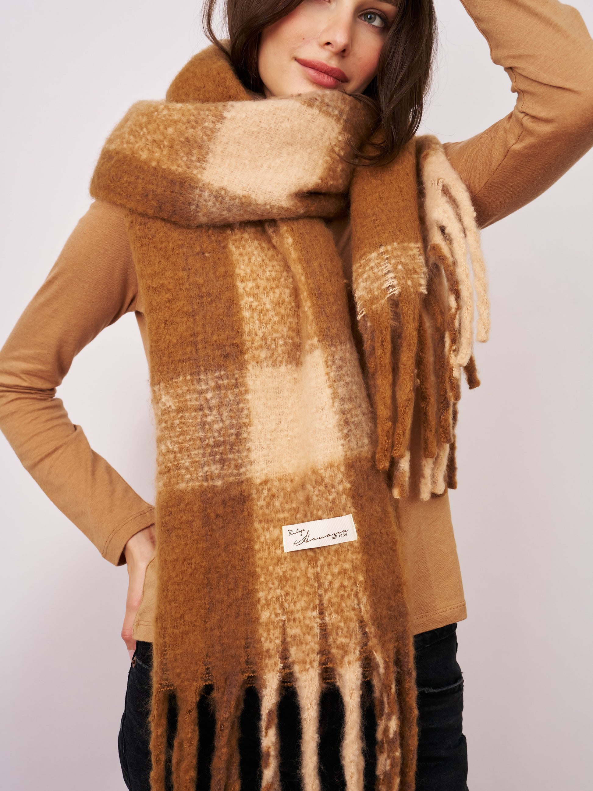 Tan Vintage Havana CHECK TASSEL SCARF - TAN