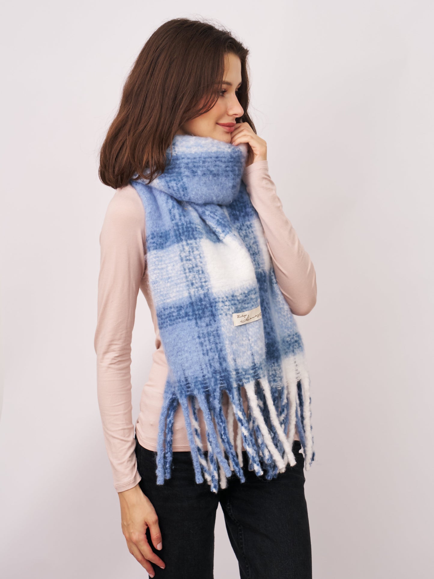 Blue Vintage Havana CHECK TASSEL SCARF - BLUE