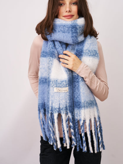 Blue Vintage Havana CHECK TASSEL SCARF - BLUE