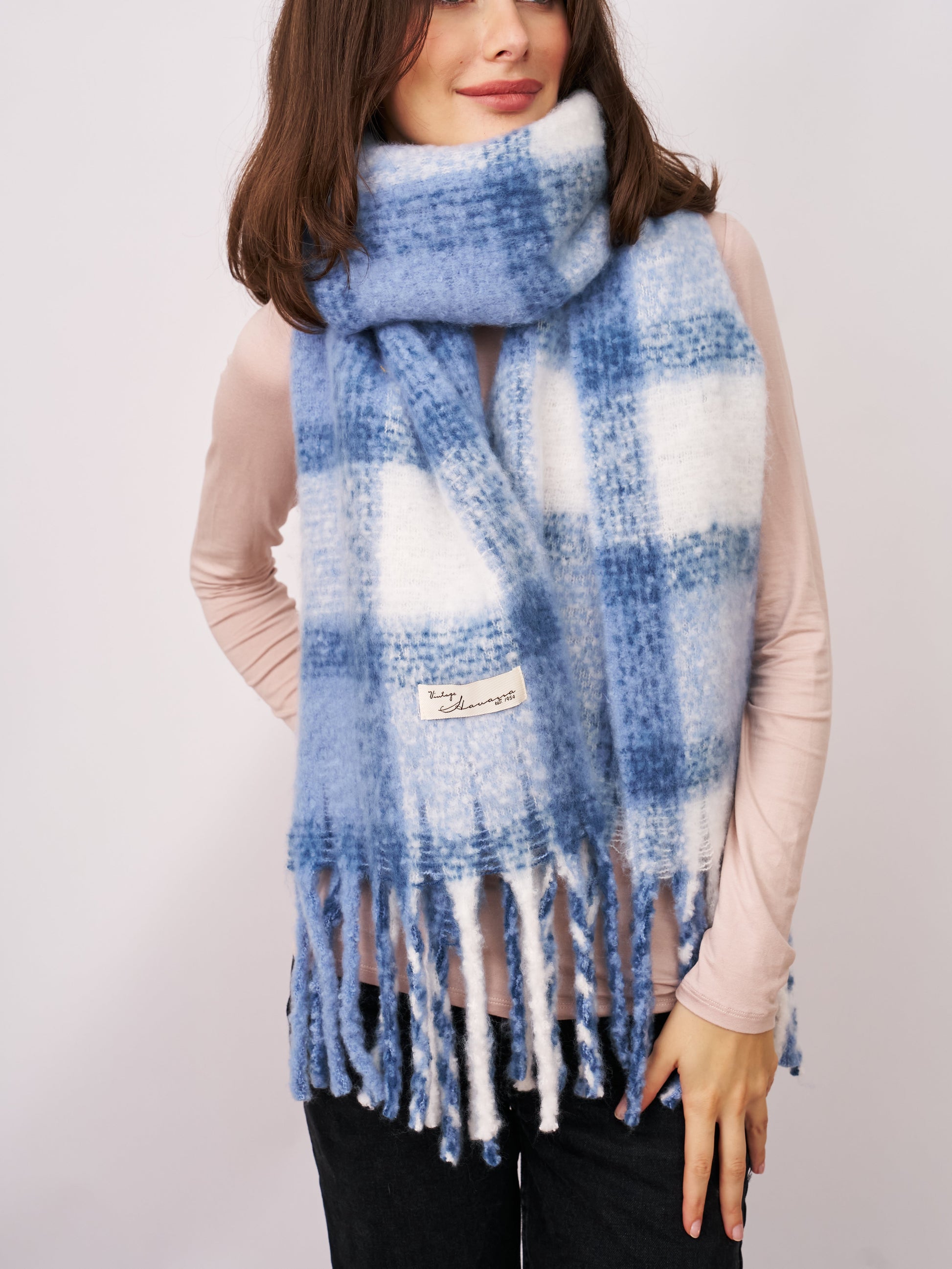 Blue Vintage Havana CHECK TASSEL SCARF - BLUE