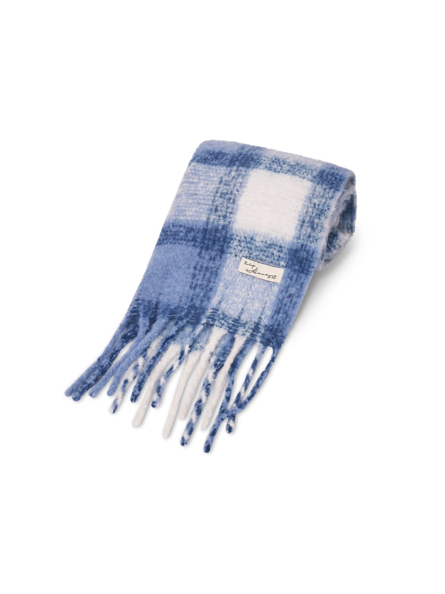 Blue Vintage Havana CHECK TASSEL SCARF - BLUE