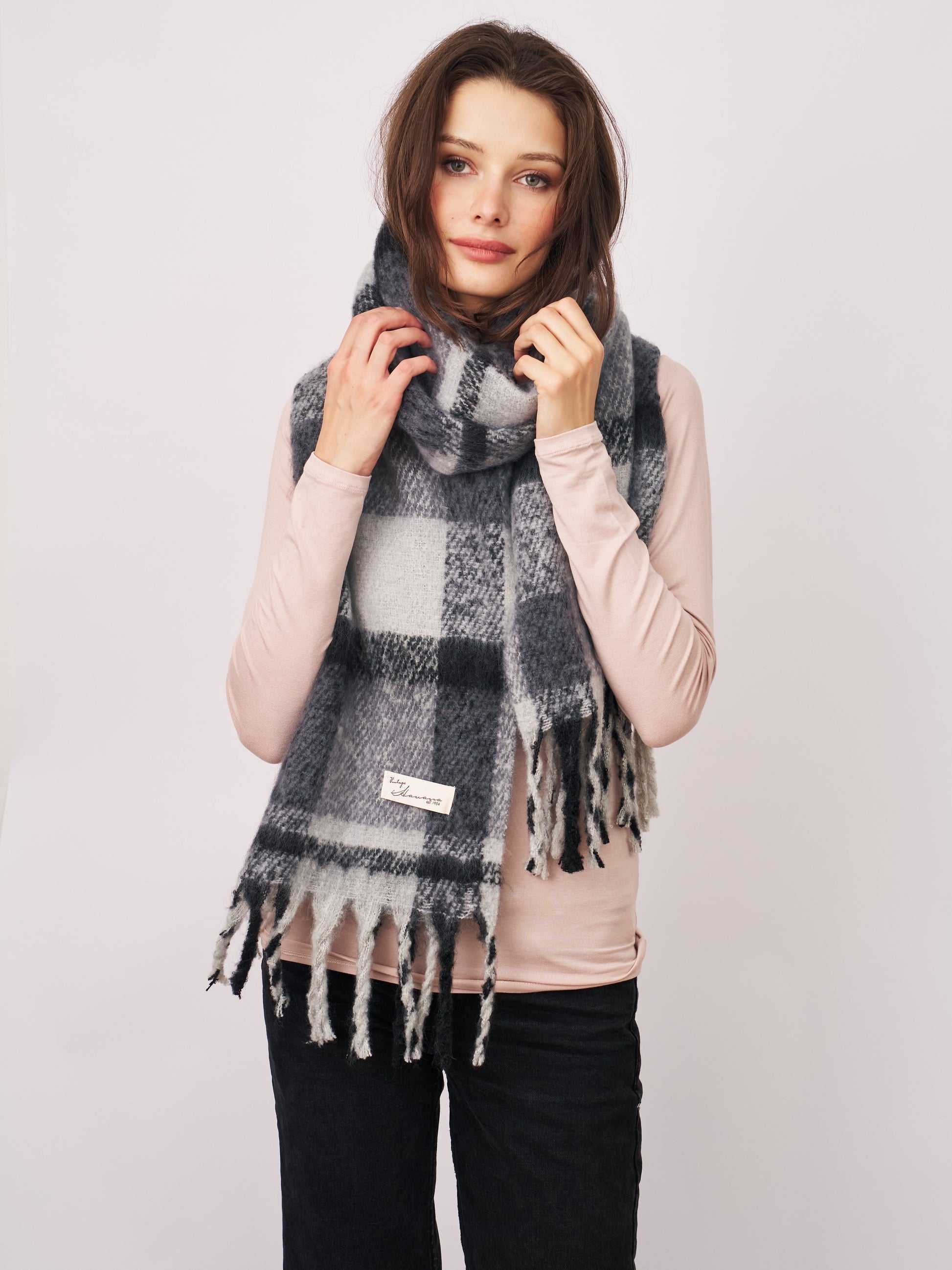 Black Vintage Havana CHECK BRUSH TASSEL SCARF - BLACK