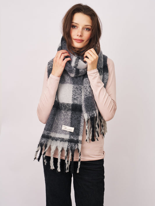 Black Vintage Havana CHECK BRUSH TASSEL SCARF - BLACK