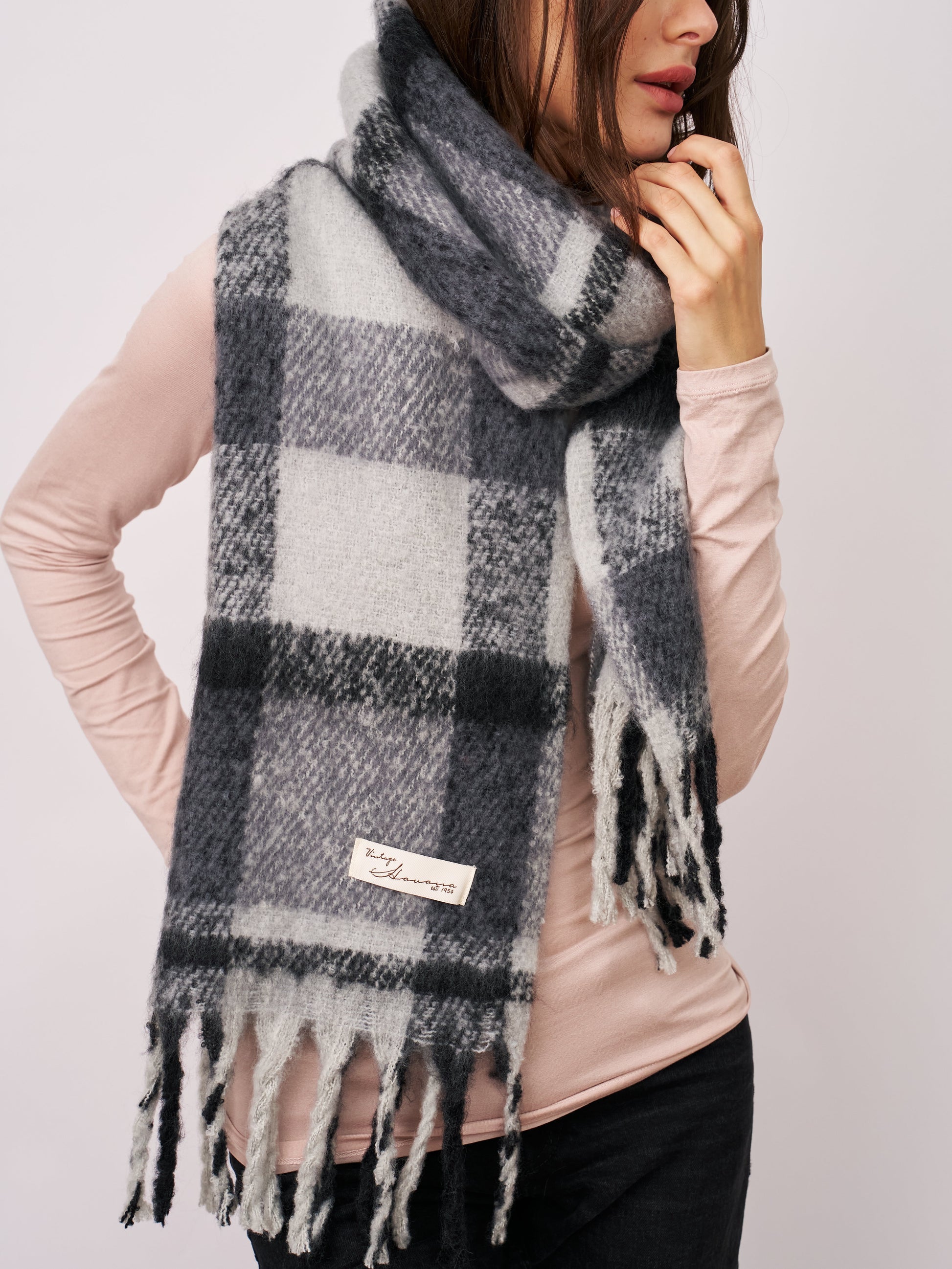 Black Vintage Havana CHECK BRUSH TASSEL SCARF - BLACK