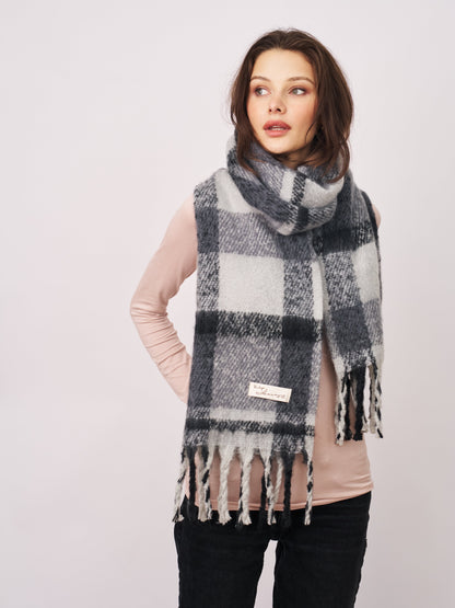 Black Vintage Havana CHECK BRUSH TASSEL SCARF - BLACK