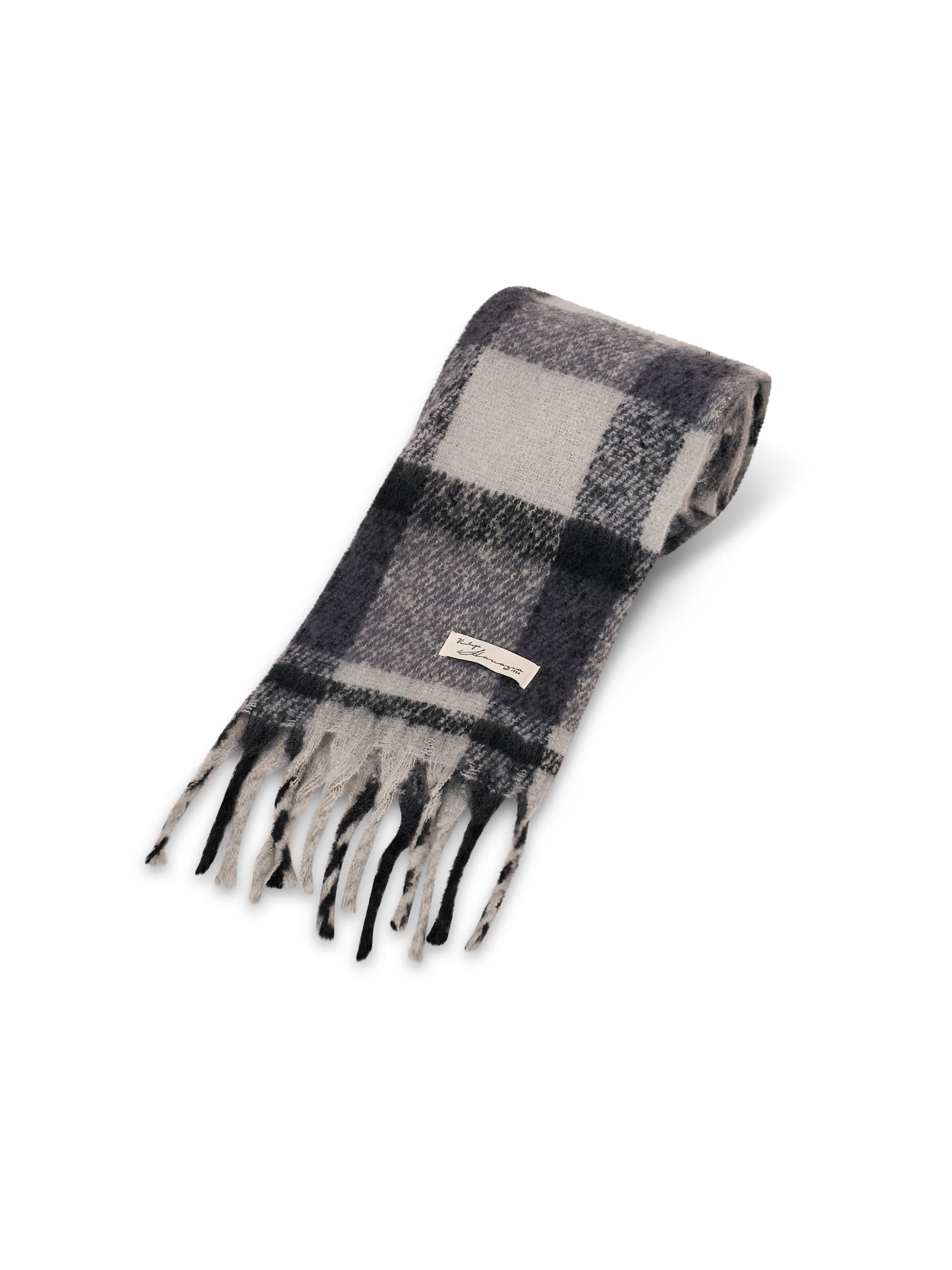 Black Vintage Havana CHECK BRUSH TASSEL SCARF - BLACK