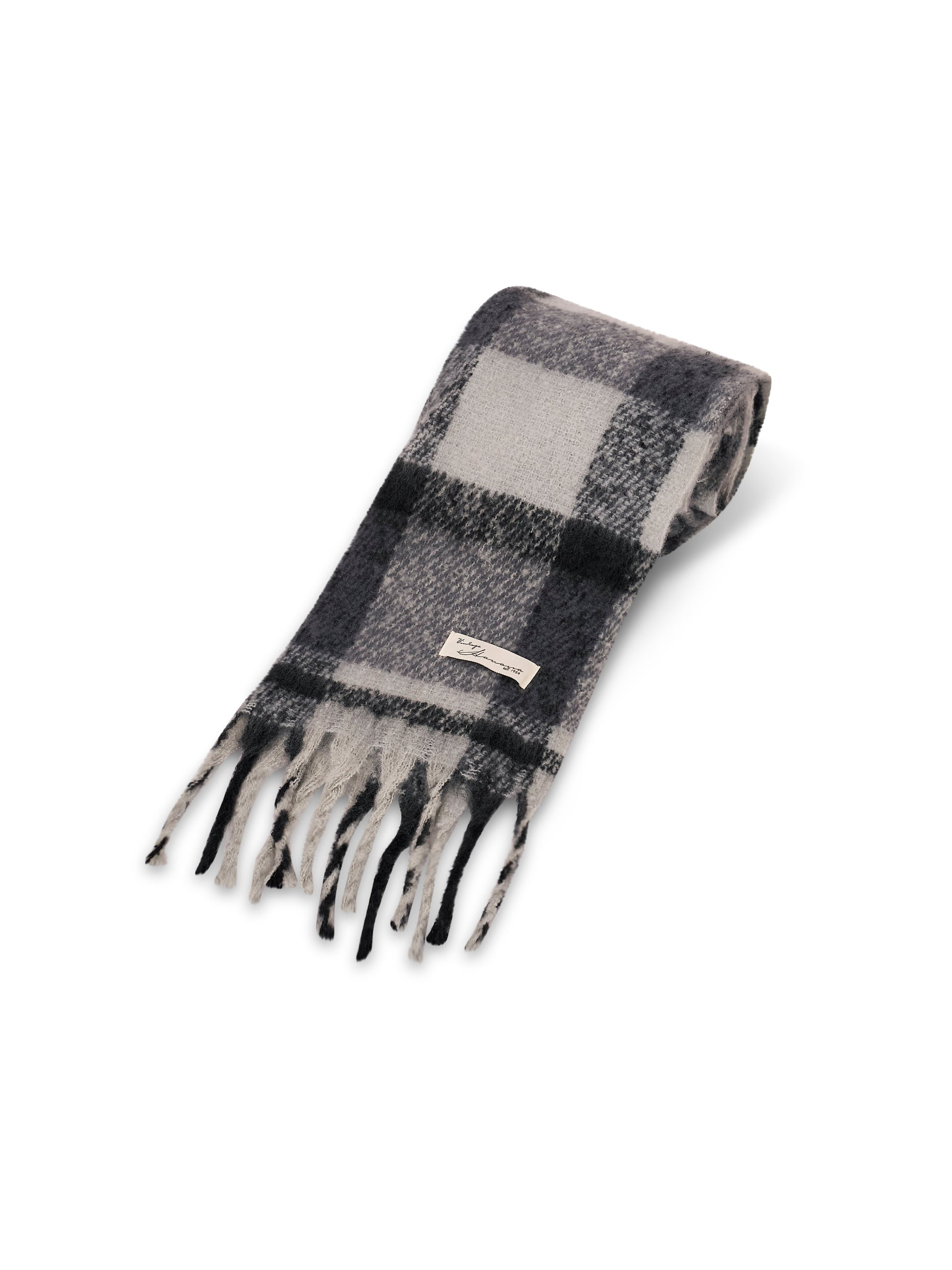 Black Vintage Havana CHECK BRUSH TASSEL SCARF - BLACK