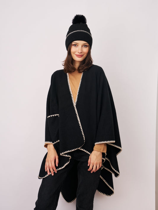 Black/Ivory Vintage Havana WHIPSTITCH RUANA WITH POCKETS