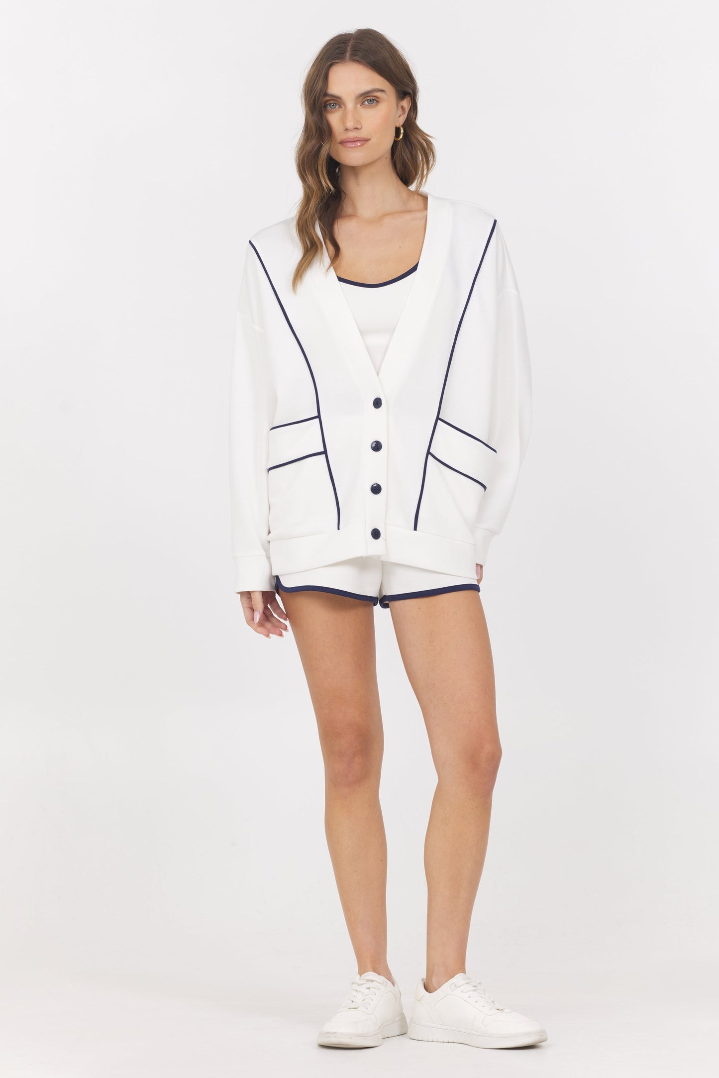 White with Navy Vintage Havana Cloud w/ Piping Cardigan