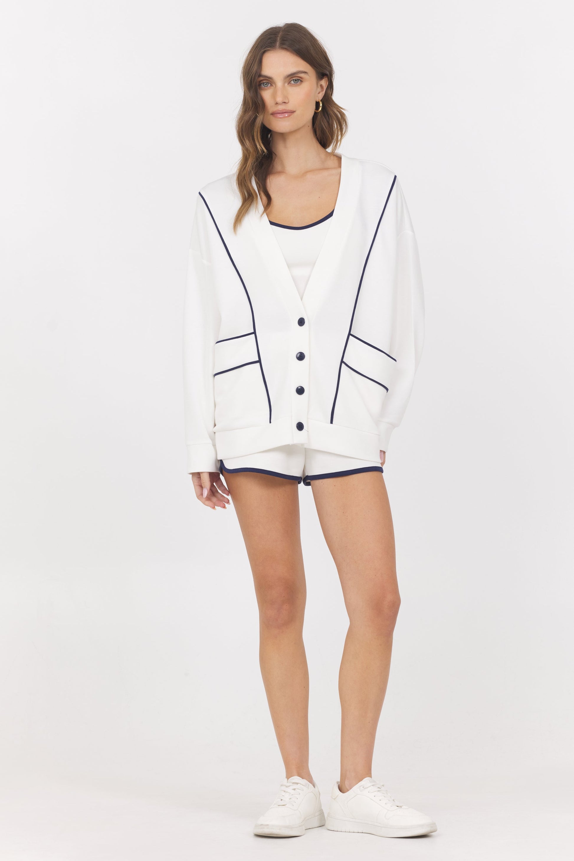White with Navy Vintage Havana Cloud w/ Piping Cardigan