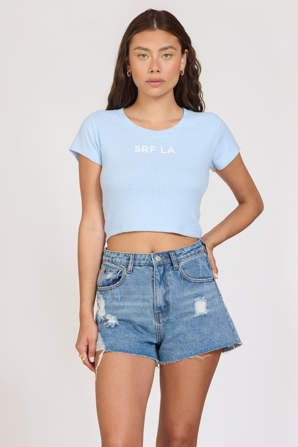 Surfside Blue Vintage Havana "Surf LA" Surfside Blue Rib Hacci Cropped Tee