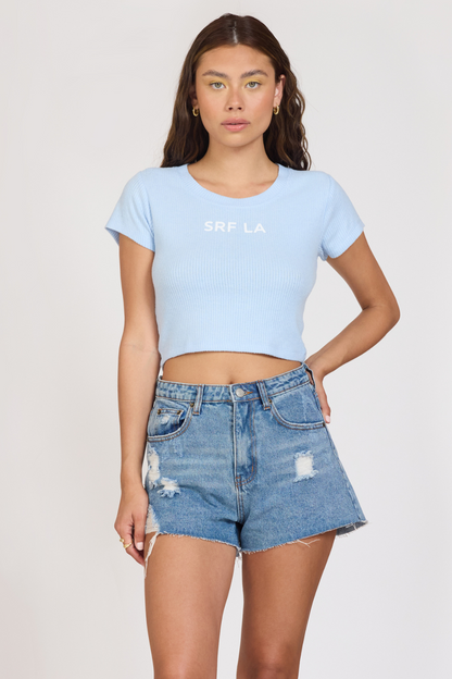 Surfside Blue Vintage Havana "Surf LA" Surfside Blue Rib Hacci Cropped Tee