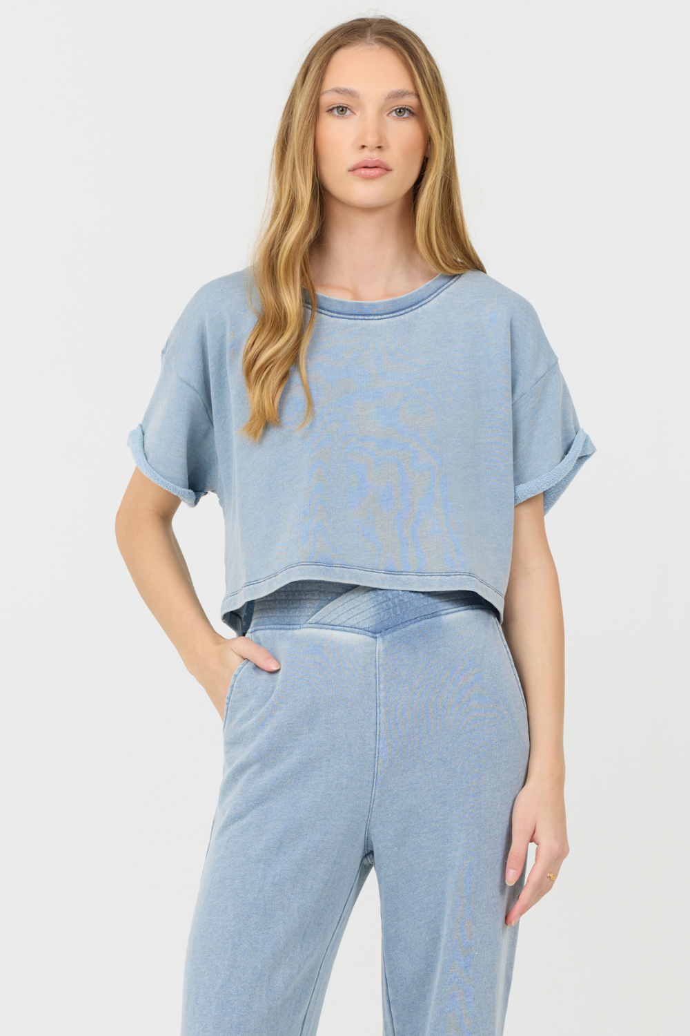 Washed Denim Vintage Havana Washed Denim Terry Fleece Cropped Shirt