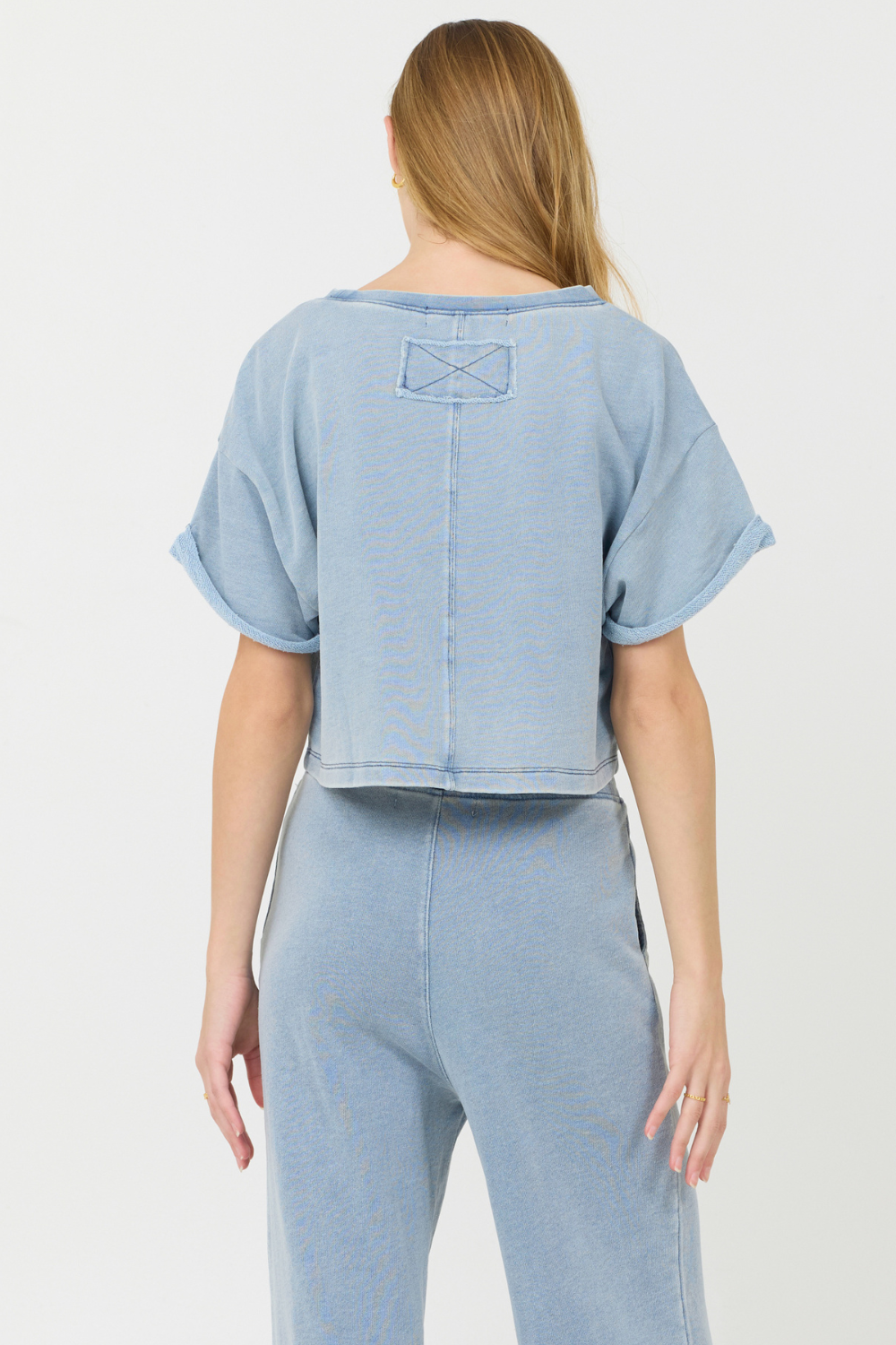 Washed Denim Vintage Havana Washed Denim Terry Fleece Cropped Shirt