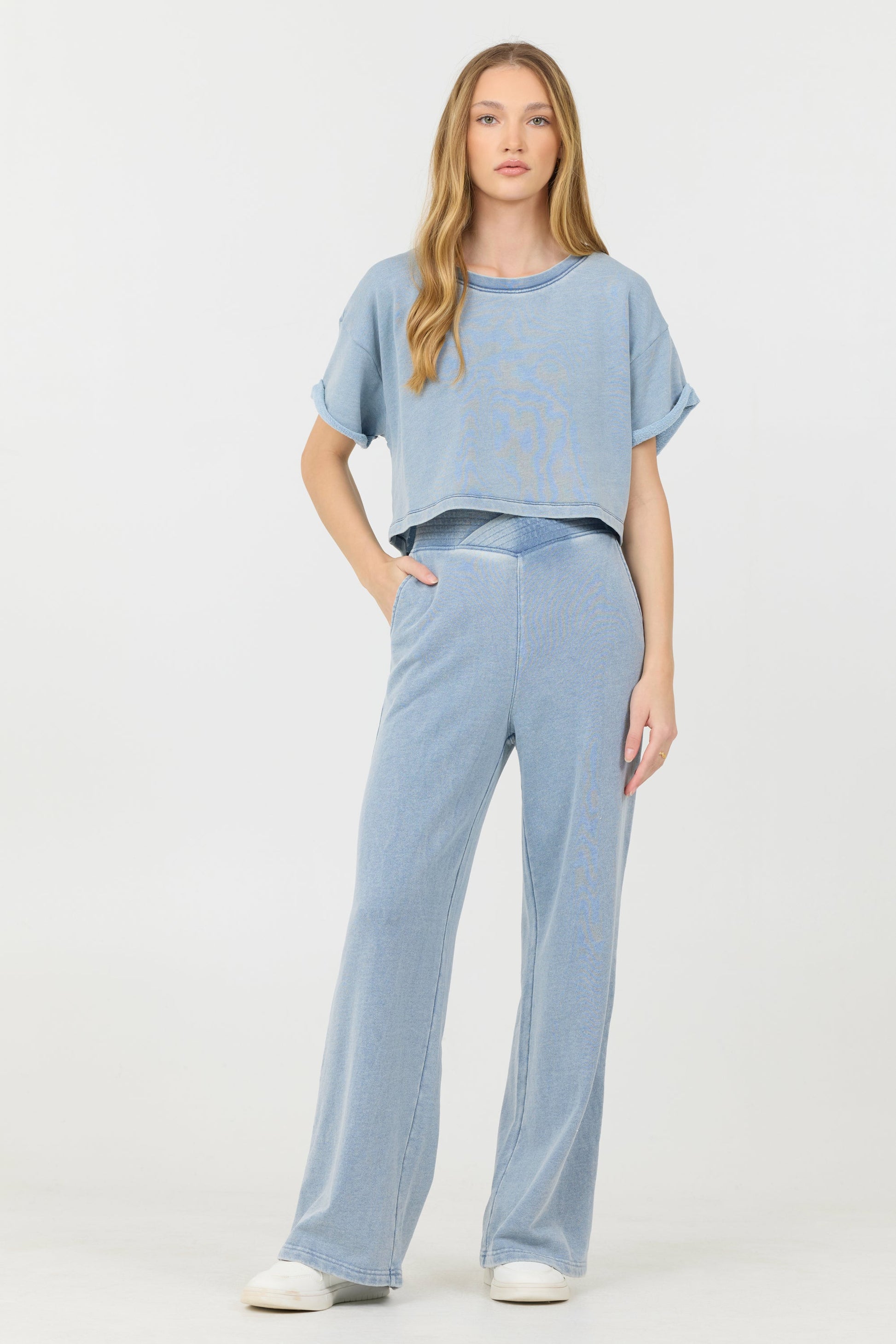 Washed Denim Vintage Havana Washed Denim Terry Fleece Cropped Shirt