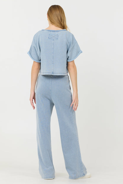 Washed Denim Vintage Havana Washed Denim Terry Fleece Cropped Shirt