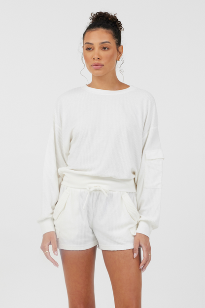 White Vintage Havana White Cord Terry Crewneck
