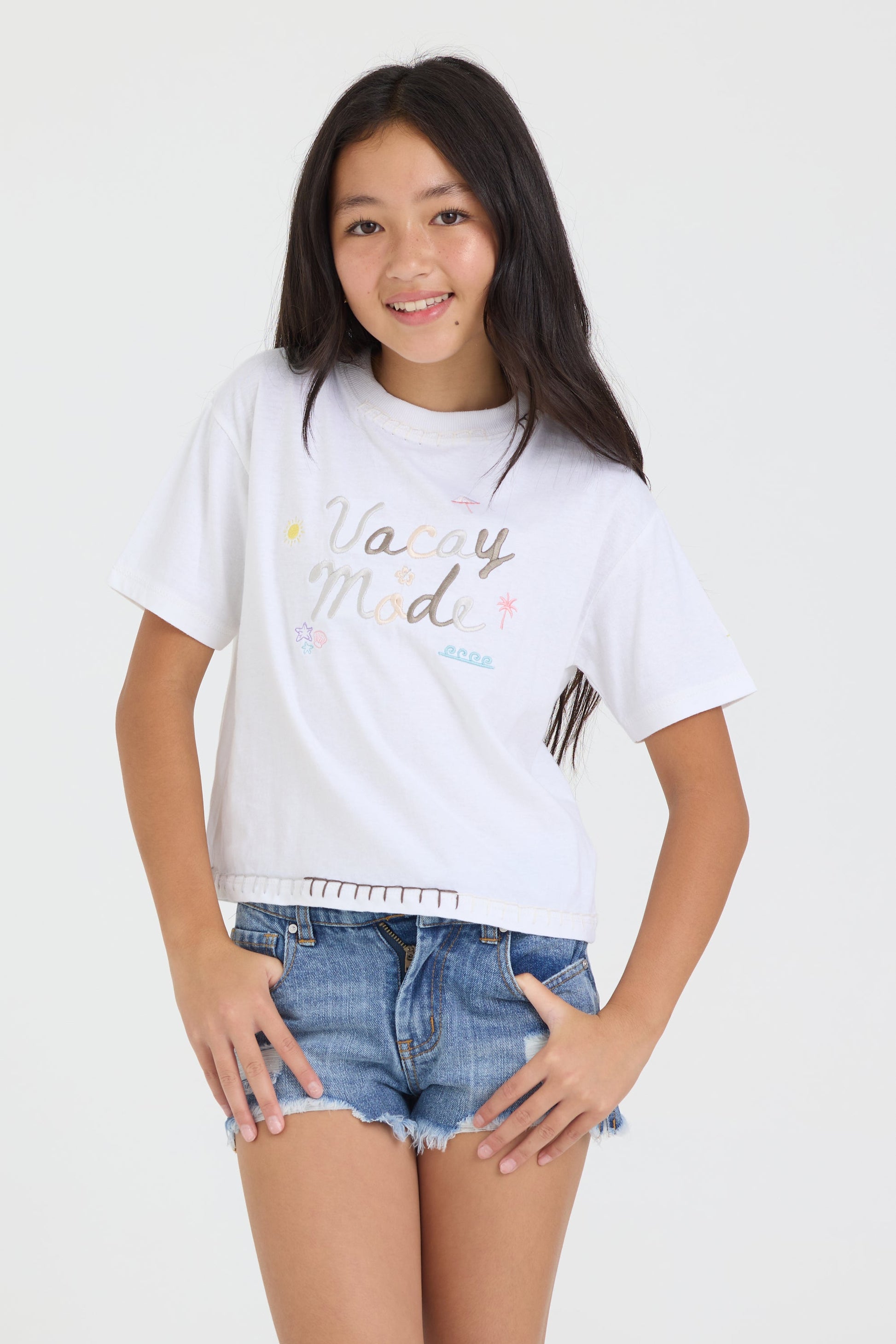 Vintage Havana Kids Vacay Mode Embroidered Crochet Stitch Boxy Tee