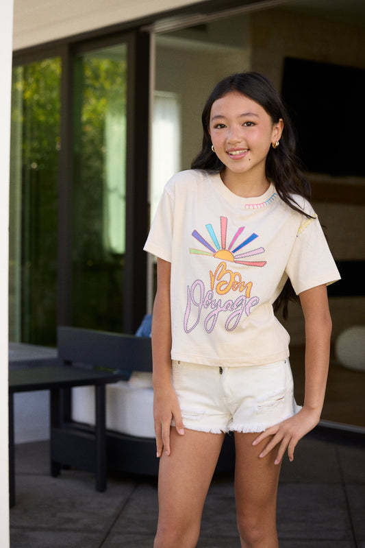 Vintage Havana Kids Bon Voyage Print Crochet Stitch Boxy Tee