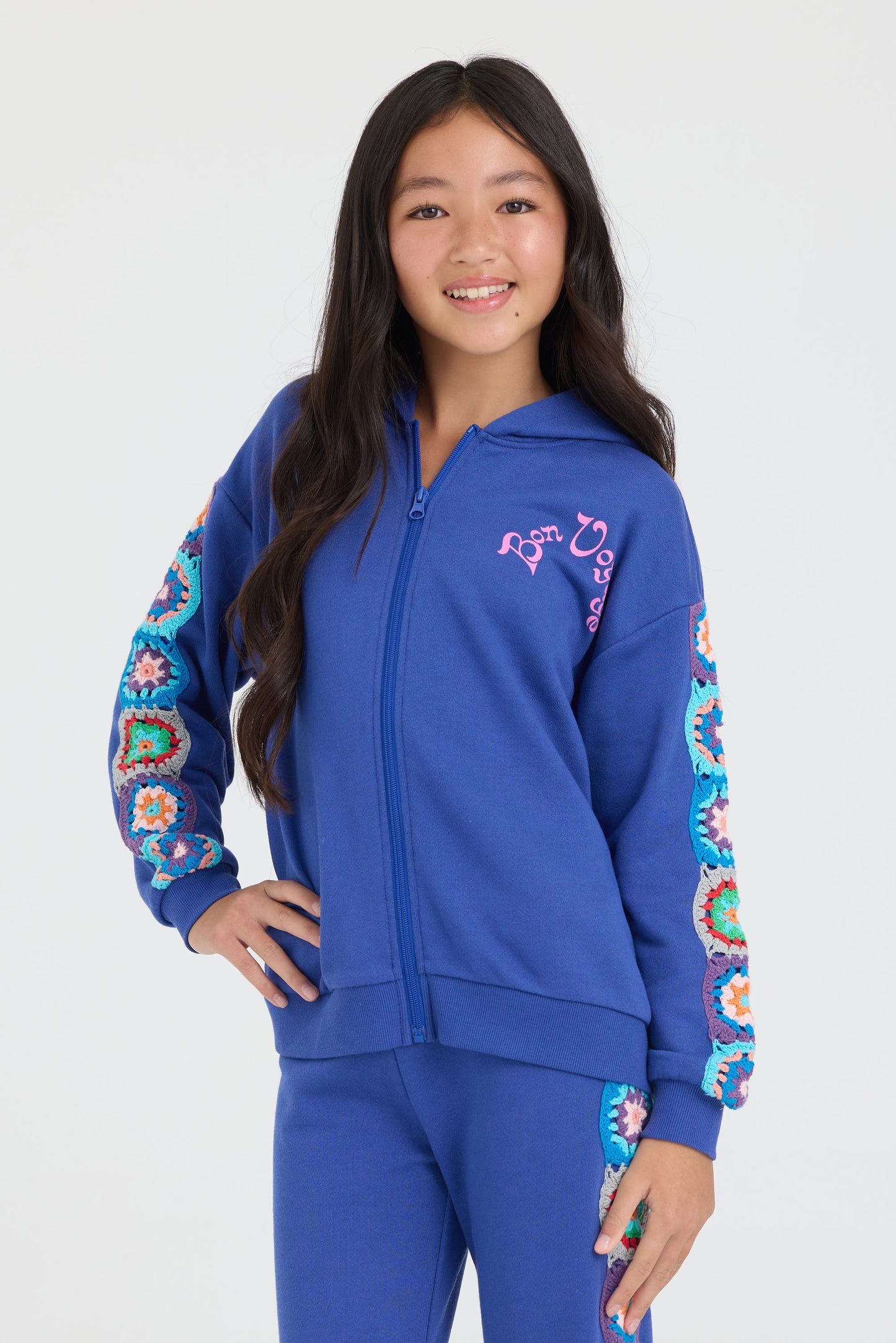 Vintage Havana Kids Navy Cropped Full Zip Hoodie w/Crochet