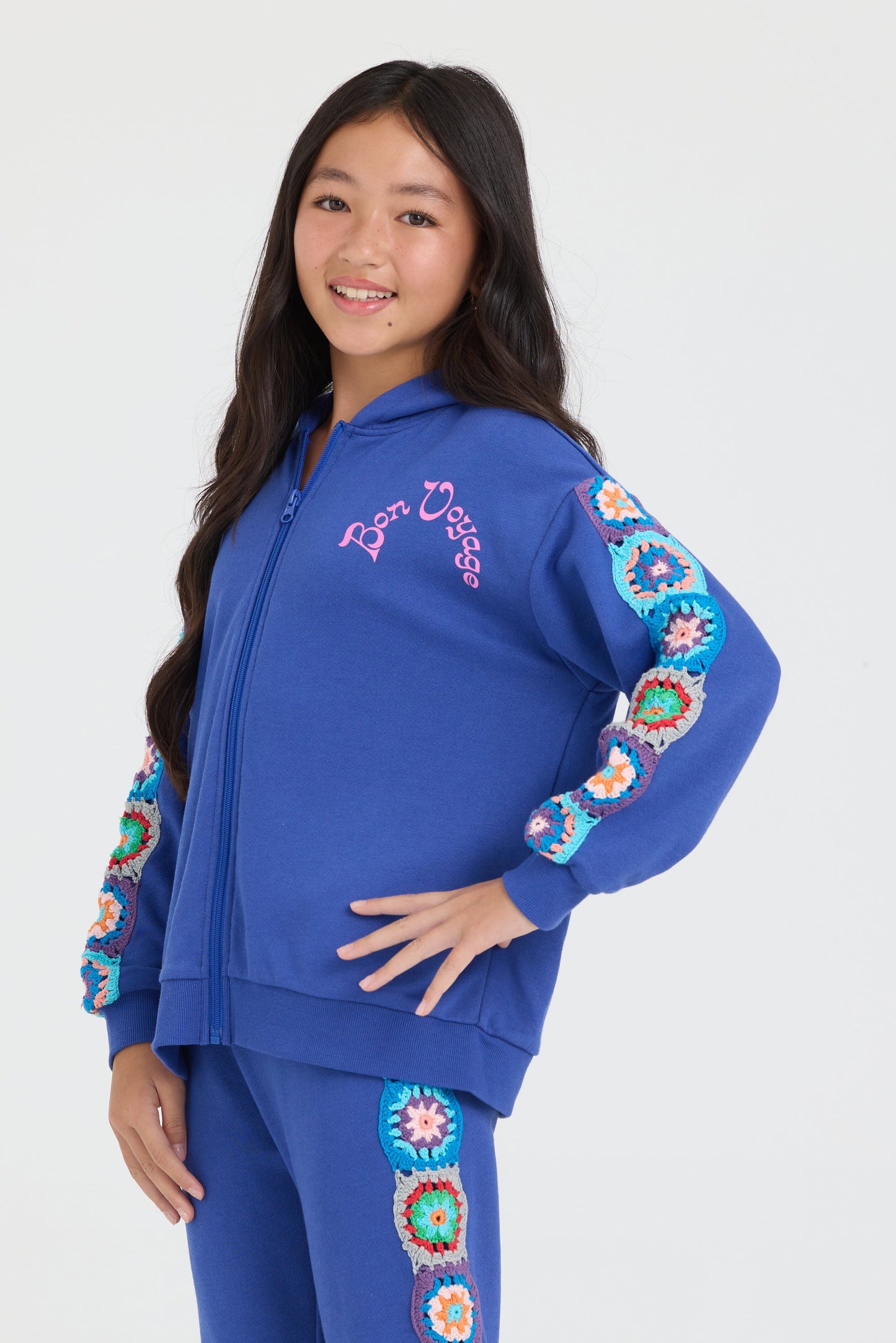 Vintage Havana Kids Navy Cropped Full Zip Hoodie w/Crochet