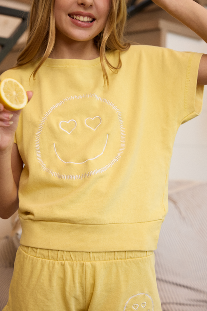 Yellow Vintage Havana Kids Garment Dye Off Shoulder Top with Smile Embroidery