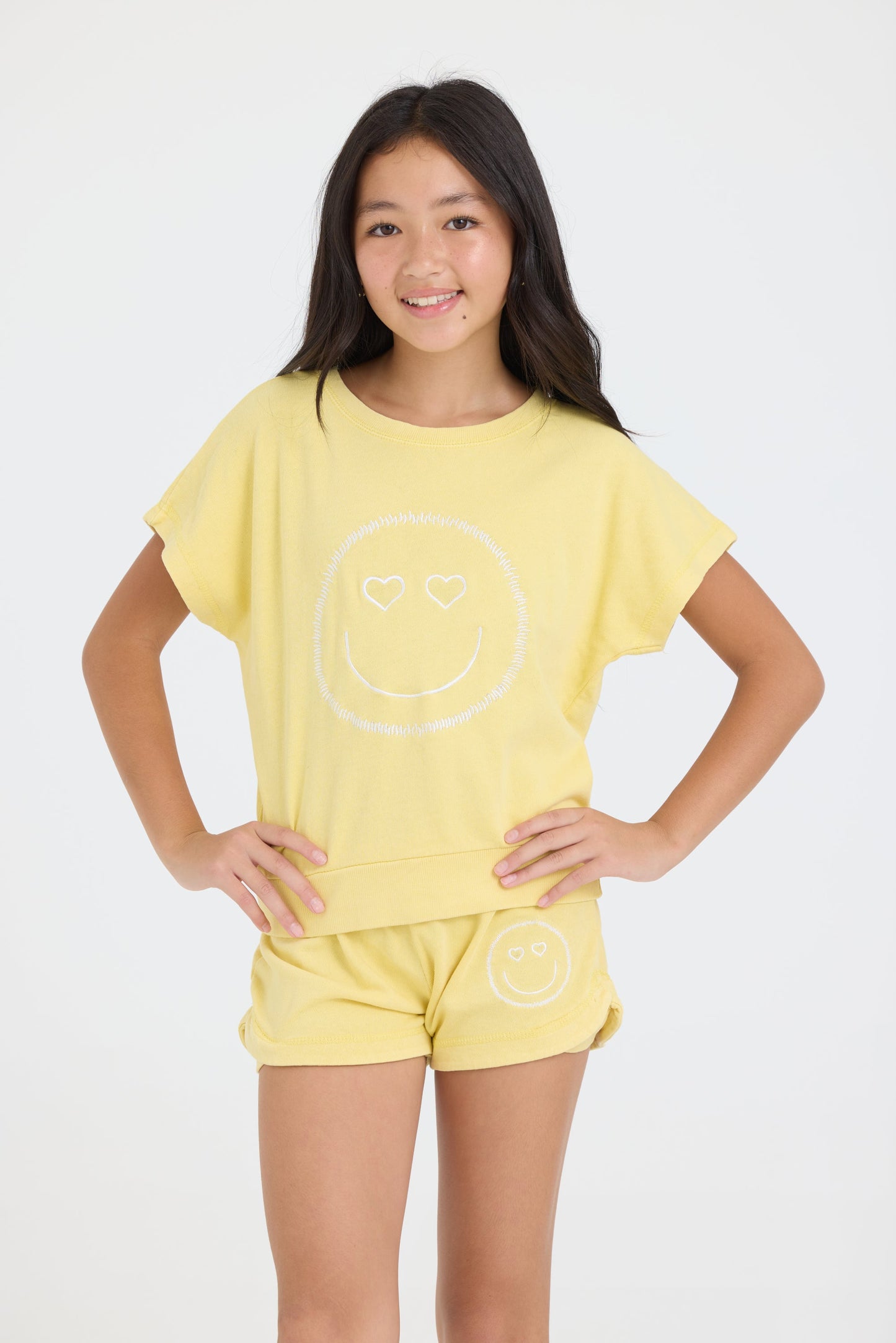 Yellow Vintage Havana Kids Garment Dye Off Shoulder Top with Smile Embroidery