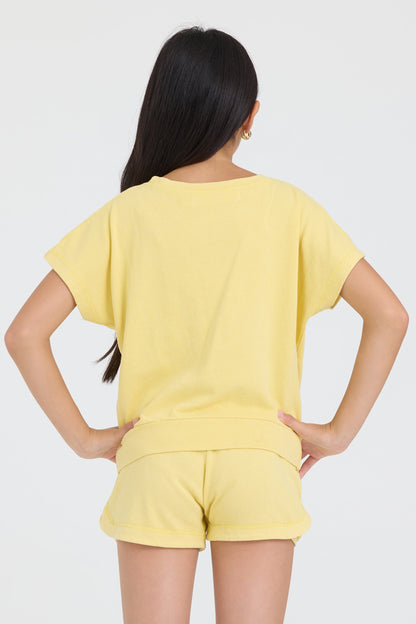 Yellow Vintage Havana Kids Garment Dye Off Shoulder Top with Smile Embroidery