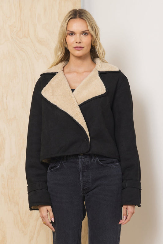 Black/Tan Vintage Havana Suede Sherpa Short Trench