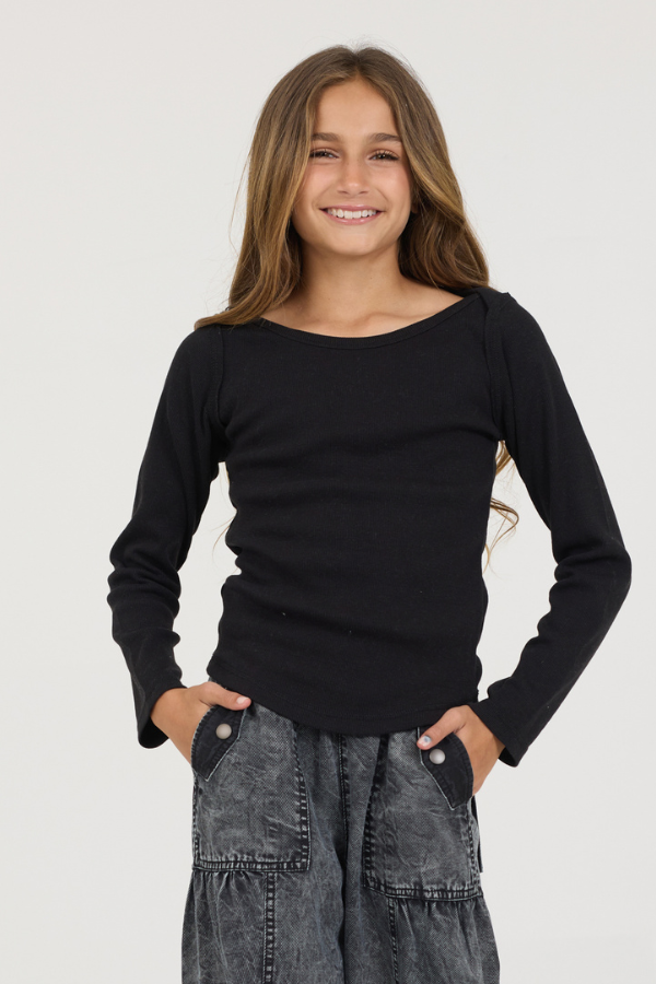 Black Vintage Havana Kids Black Boatneck Ribbed Tee