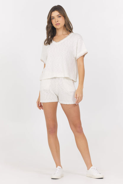 White with Summer Sand Vintage Havana White Summer Sand Short Sleeve Sweater w/ Whipstitch