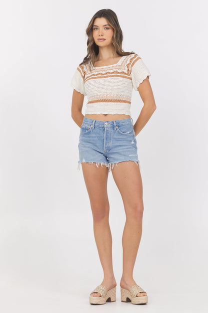 Neutral Stripe Vintage Havana Crochet Short Sleeve Sweater