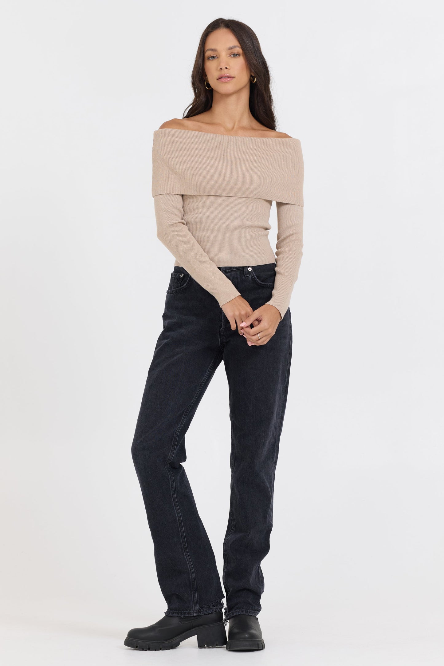 Oatmeal Vintage Havana Heather Oatmeal Off Shoulder Sweater