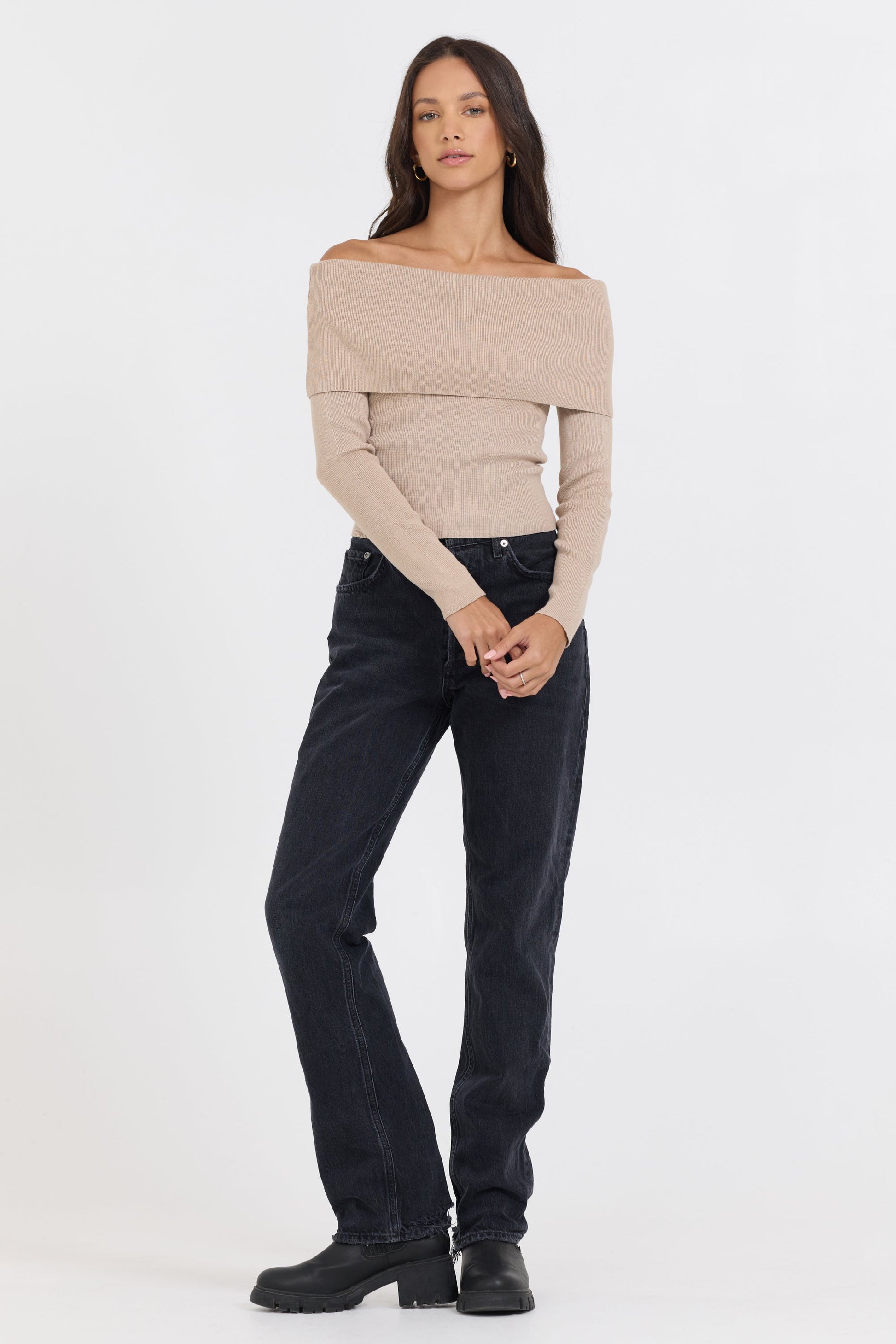 Oatmeal Vintage Havana Heather Oatmeal Off Shoulder Sweater