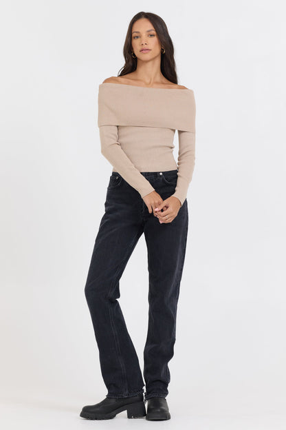 Oatmeal Vintage Havana Heather Oatmeal Off Shoulder Sweater
