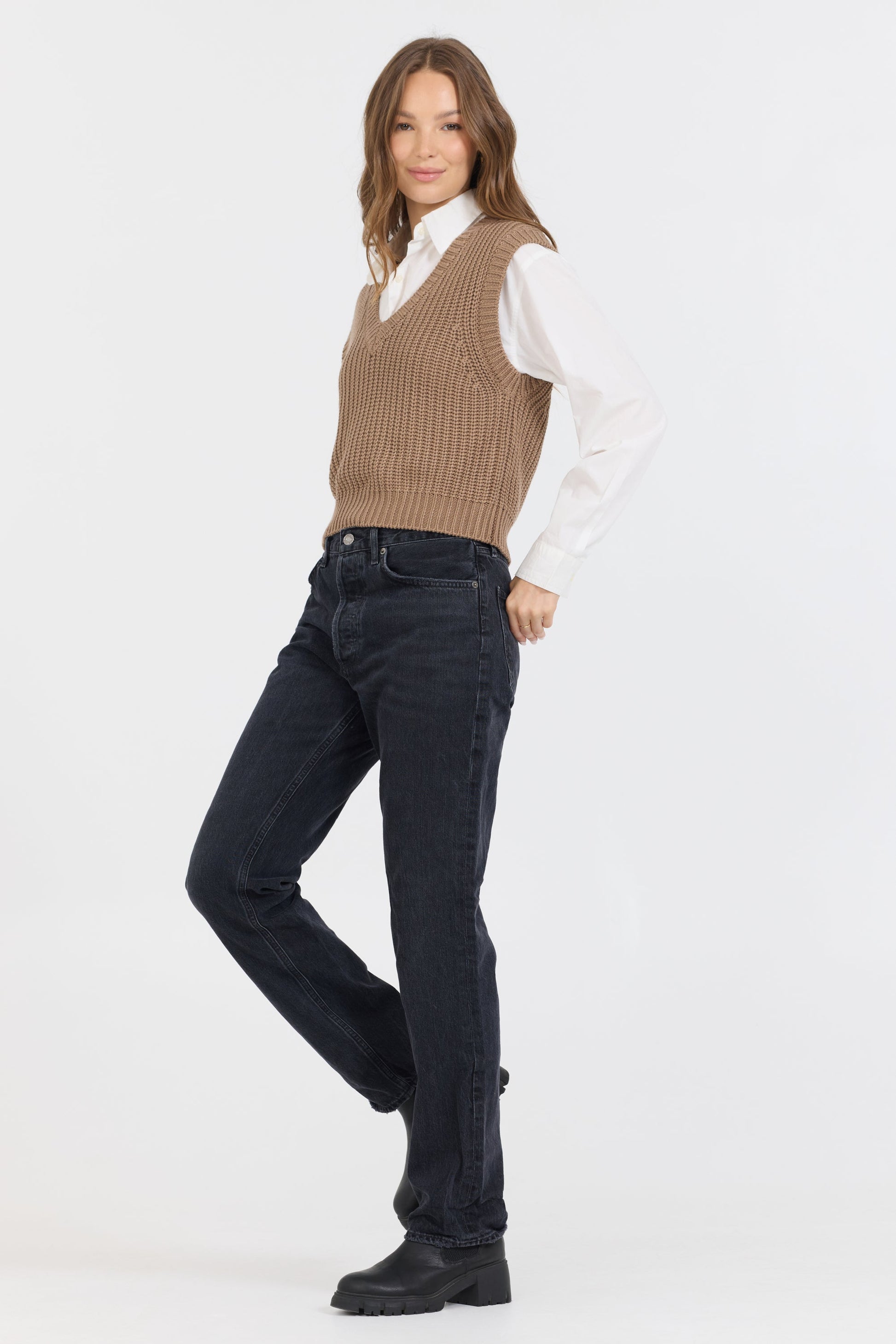 Toffee Vintage Havana Toffee W/ White Twofer Cropped Sweater Vest
