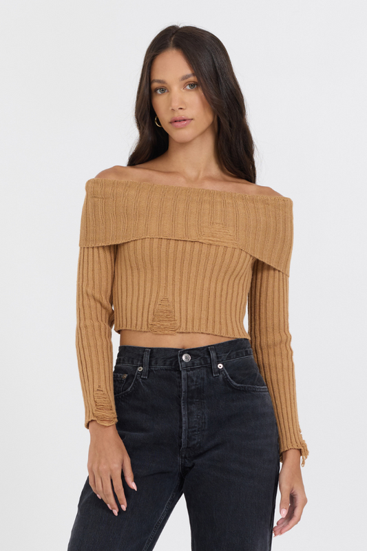 Caramel Vintage Havana Caramel Distressed Off Shoulder Sweater