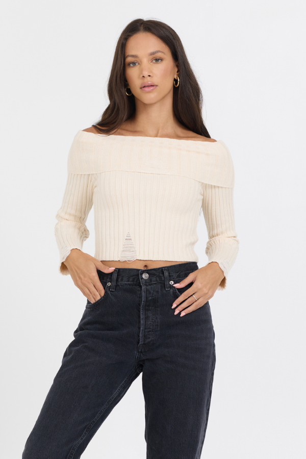 Ivory Vintage Havana Ivory Distressed Off Shoulder Sweater