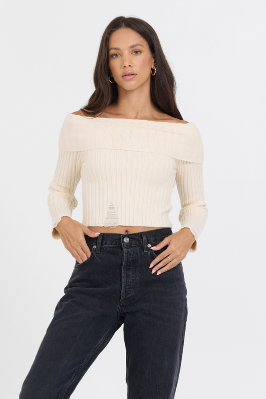 Ivory Vintage Havana Ivory Distressed Off Shoulder Sweater