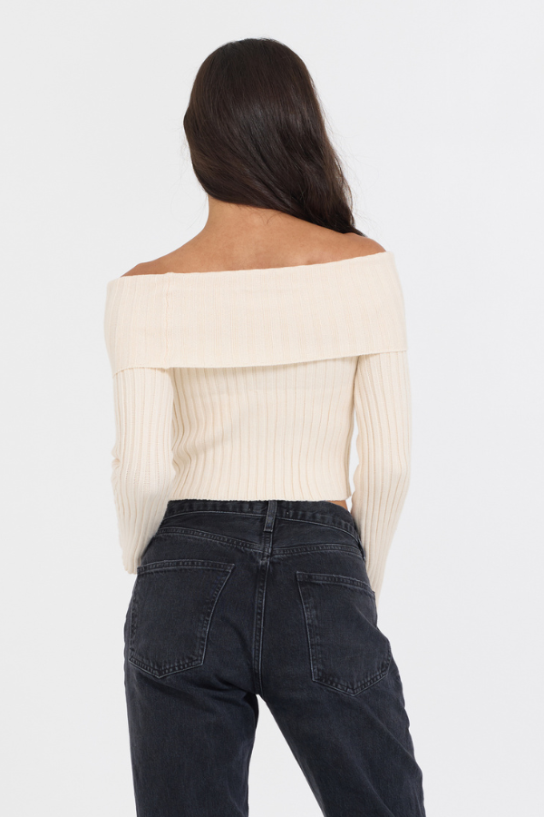 Ivory Vintage Havana Ivory Distressed Off Shoulder Sweater