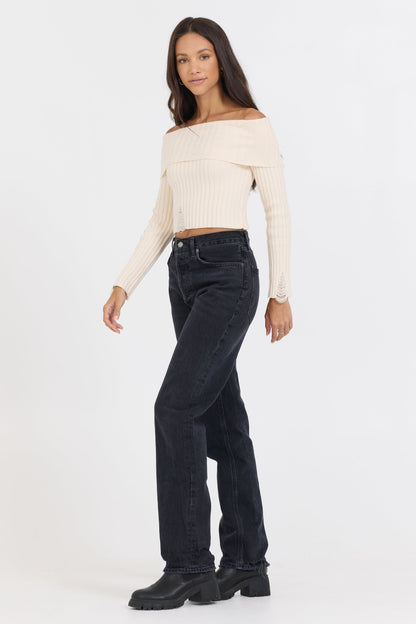 Ivory Vintage Havana Ivory Distressed Off Shoulder Sweater
